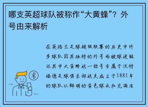 哪支英超球队被称作“大黄蜂”？外号由来解析