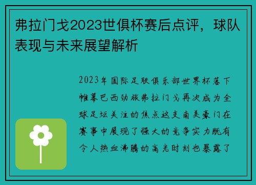 弗拉门戈2023世俱杯赛后点评，球队表现与未来展望解析