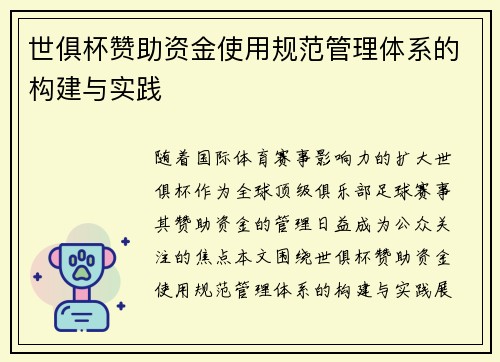 世俱杯赞助资金使用规范管理体系的构建与实践